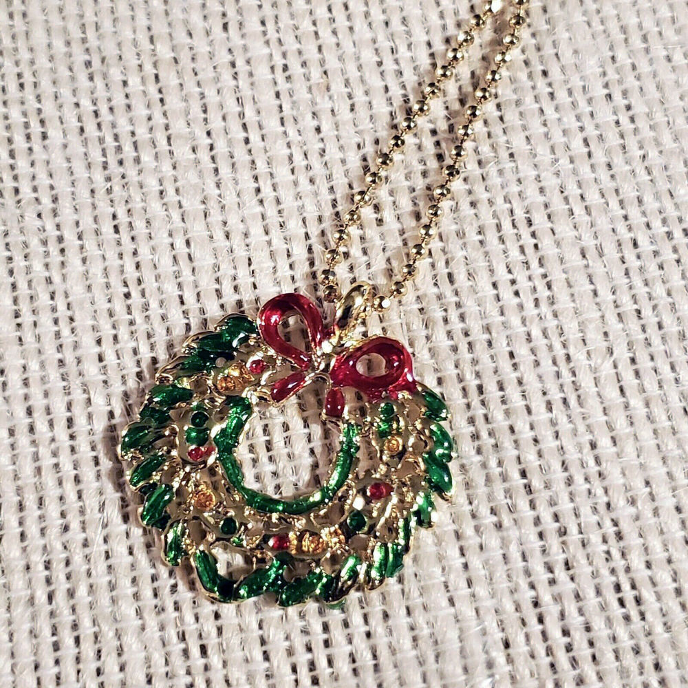 Christmas Wreath Green Red Gold Enamel Holiday Pendant Necklace
